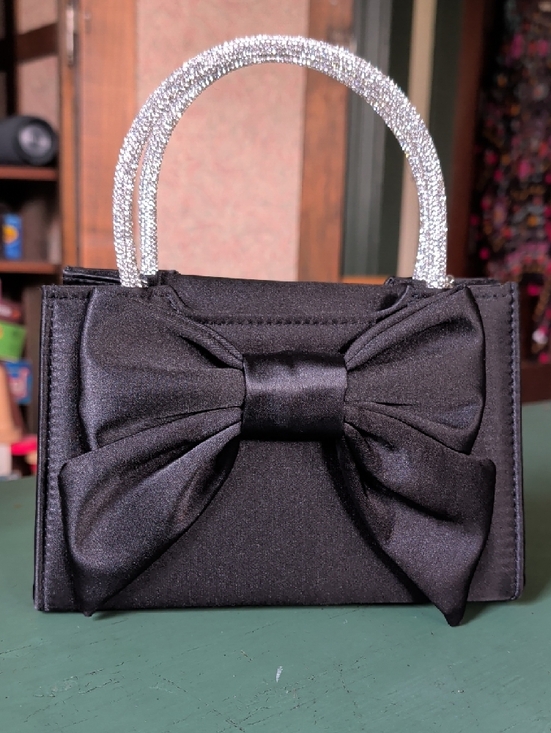 Handbags - Elegant Black Bow Satin Handbag with Rhinestone Handles Formal Prom Event